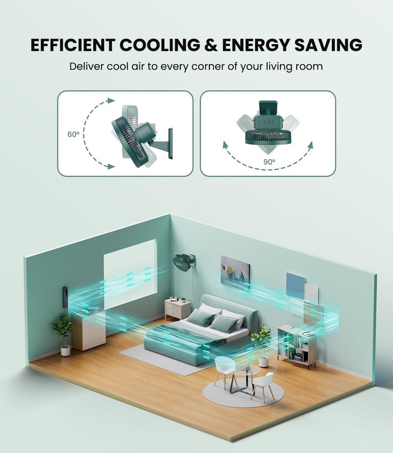 LEMOISTAR 10 Inch Wall Mounted Fan with Remote Control, 90° Oscillating, 4 Speeds, 4 Timer, Adjustable Tilt, 70 Inch Cord, Quiet, for Bedroom Garage RV Office Home Patio-Green - Image 4